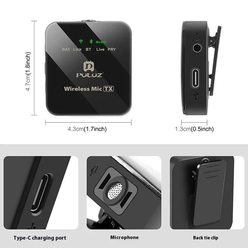 Wireless carbon fibre neckline clip microphone transmitter on a black background with storage box and accessories