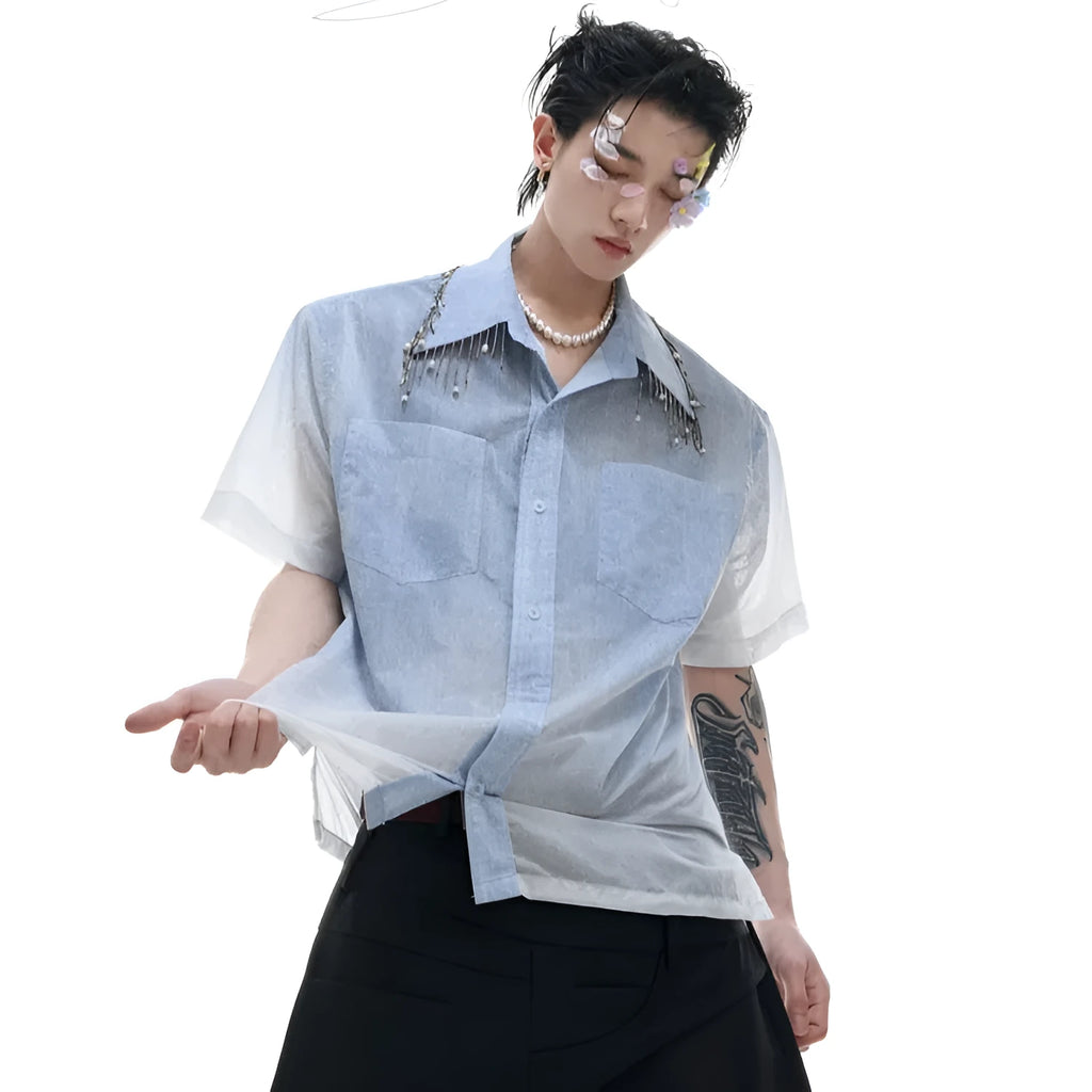 Blue and white gradient colour block men's loose fit short sleeve shirt