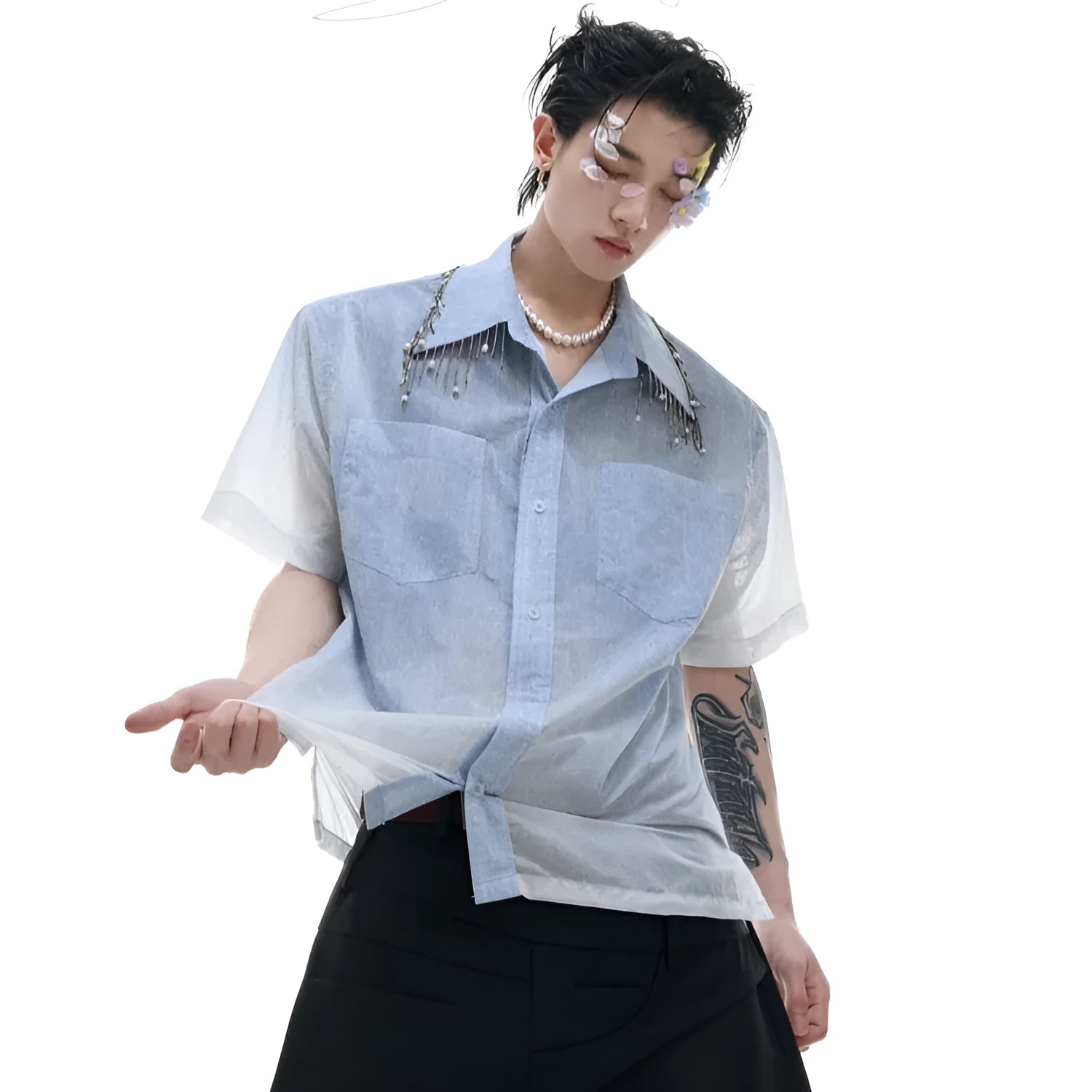 Blue and white gradient colour block men's loose fit short sleeve shirt