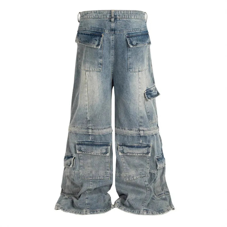Detachable washed-out cotton overalls with multiple pockets in black colour showing mid-waist fit and zip placket