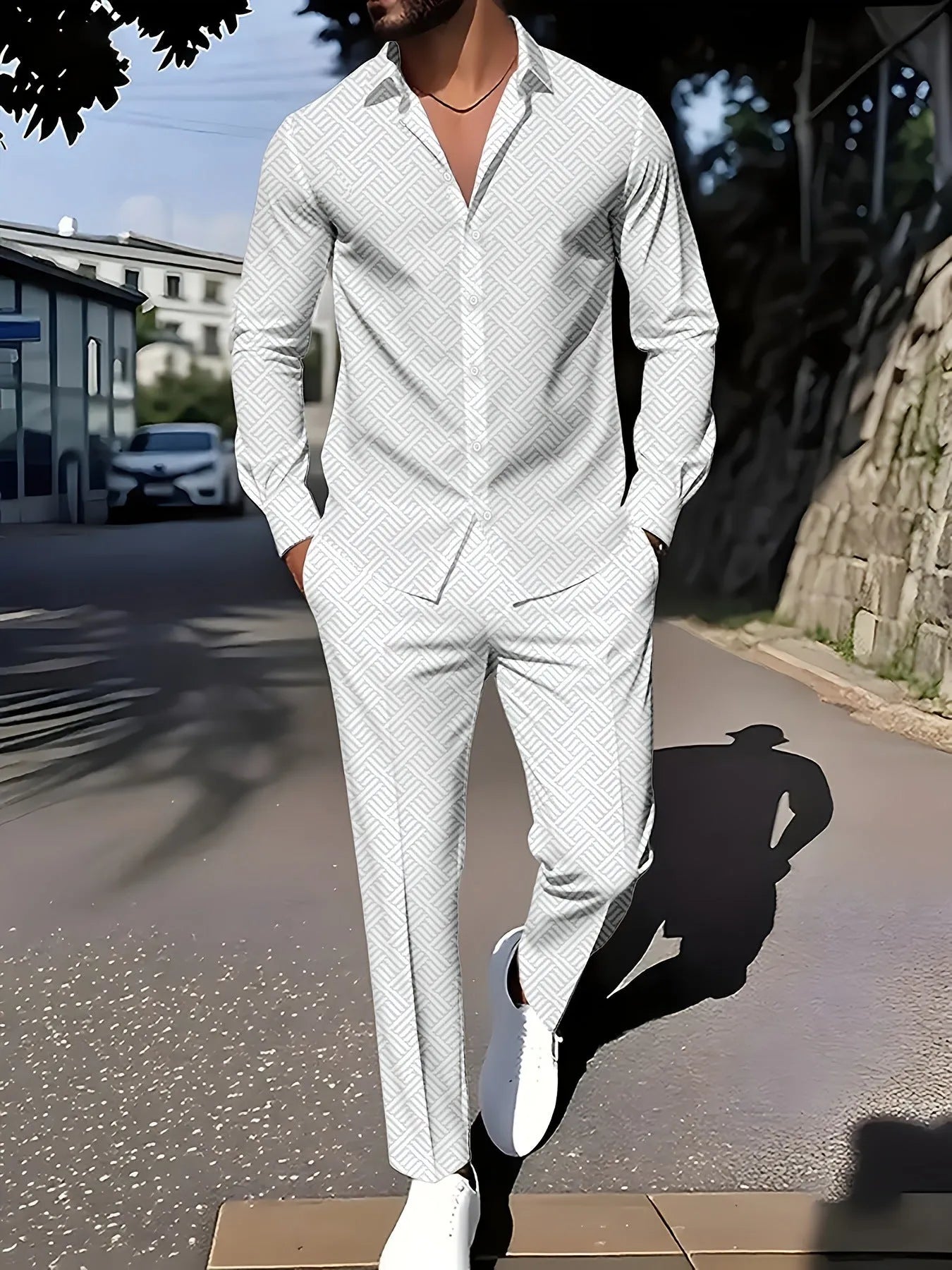 Men's plaid square grain print suit set with shirt and trousers in apricot colour on model