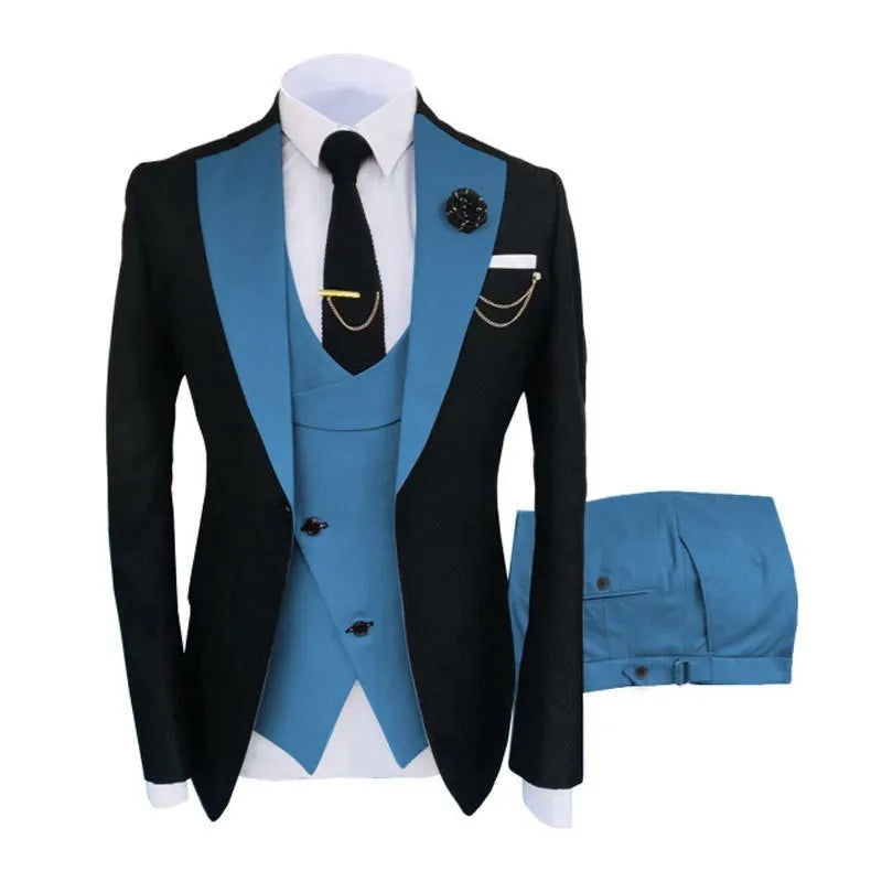 Men's slim fit three-piece business suit in cotton, showing coat, vest, and trousers on a hanger.