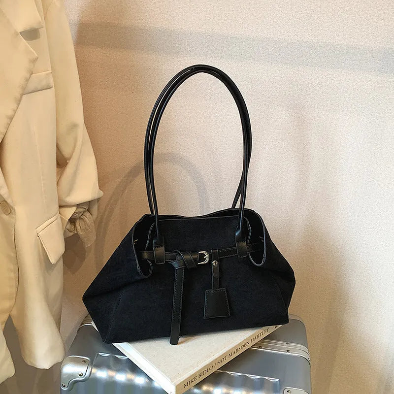 Retro matte large capacity tote bag in deerskin velvet, available in black, brown, coffee, and green, with single shoulder strap