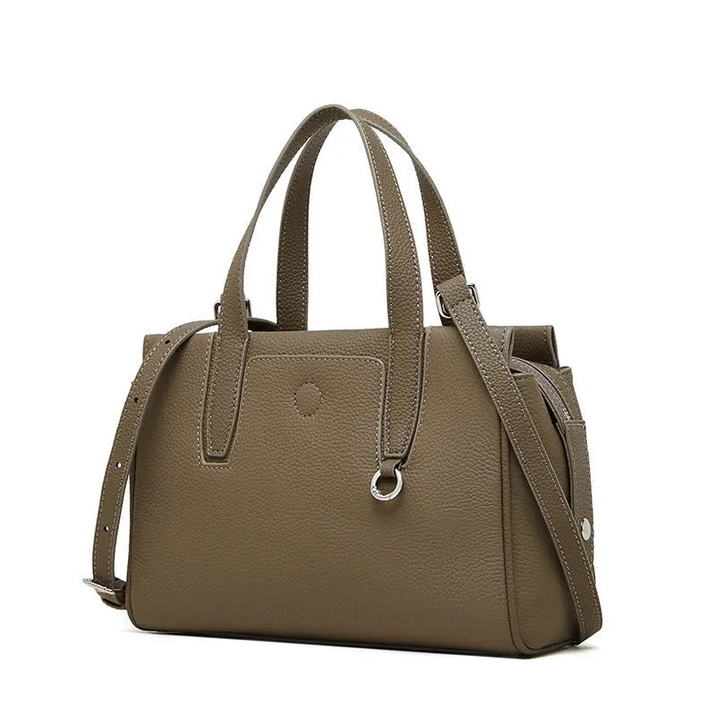 Genuine leather large-capacity crossbody bag in horizontal square shape in black colour with shoulder strap