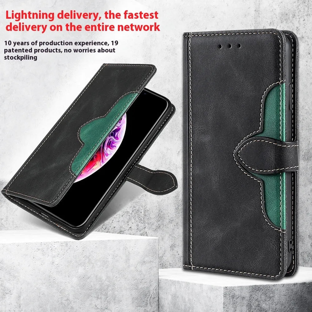 Flip phone case with card holder and bracket for iPhone in black, showing back panel with card slot and side bracket