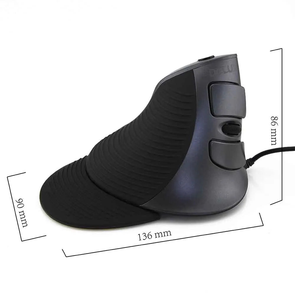 Ergonomic vertical wired mouse in black and white showing handshake grip position