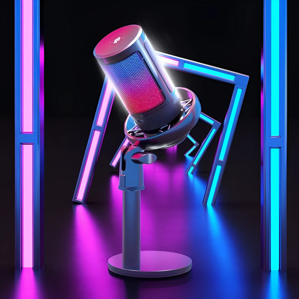 USB condenser microphone with colourful LED lights on a desktop cantilever stand.