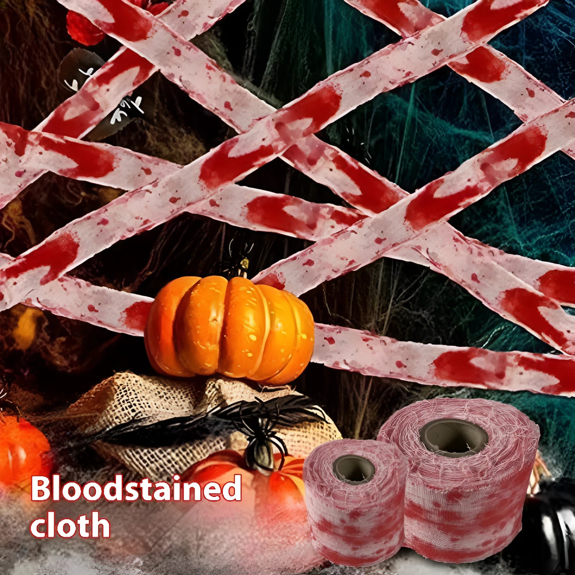 Roll of polyester Halloween horror bandage in bloody cloth red colour, 8cm wide