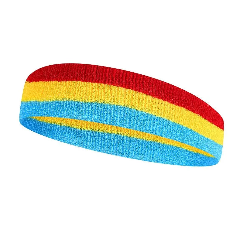 Multi-colour sports headband for adults shown in red, yellow and blue, with a size scale indicating 5.5 cm width.