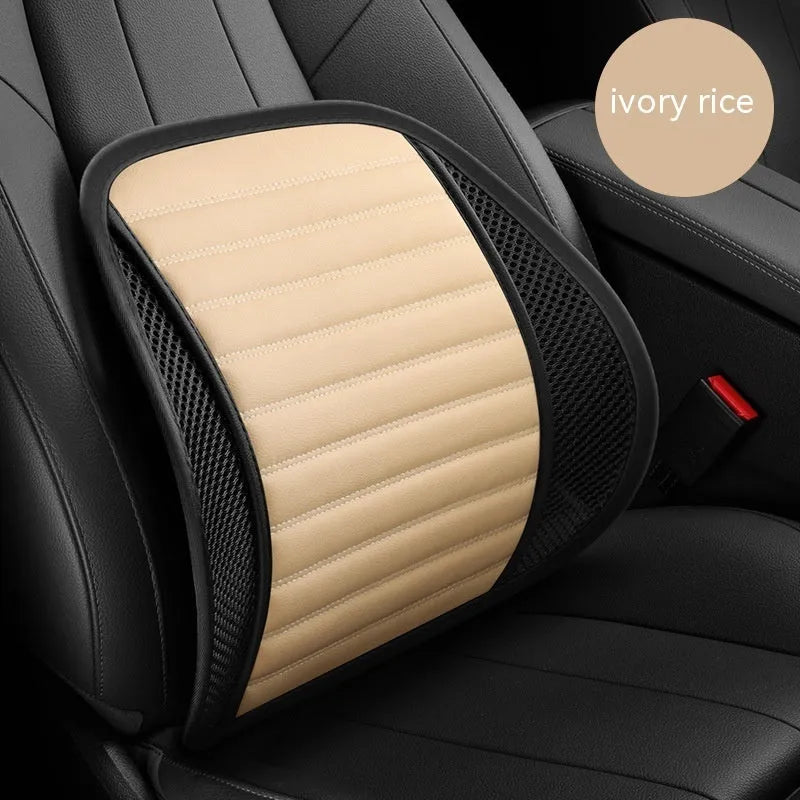 Leather lumbar support cushion for car seats showing colour options including sapphire blue, amber brown and mysterious black
