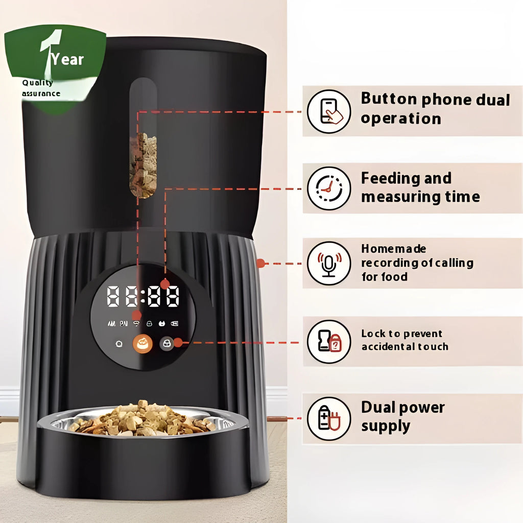 Black automatic pet feeder with digital display and food container showing portion control settings