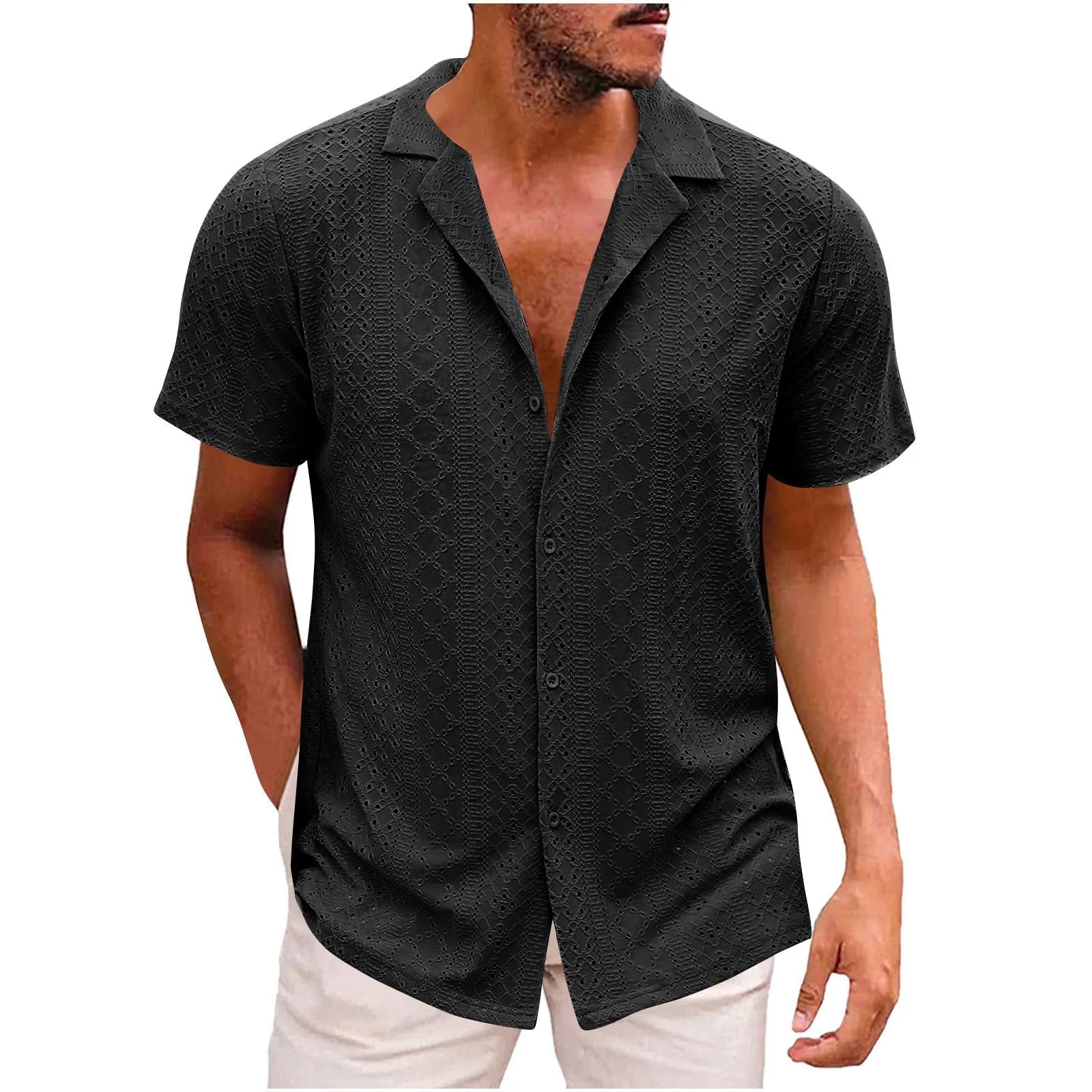 Men's breathable lightweight polyester casual shirt in white, cardigan style, regular fit