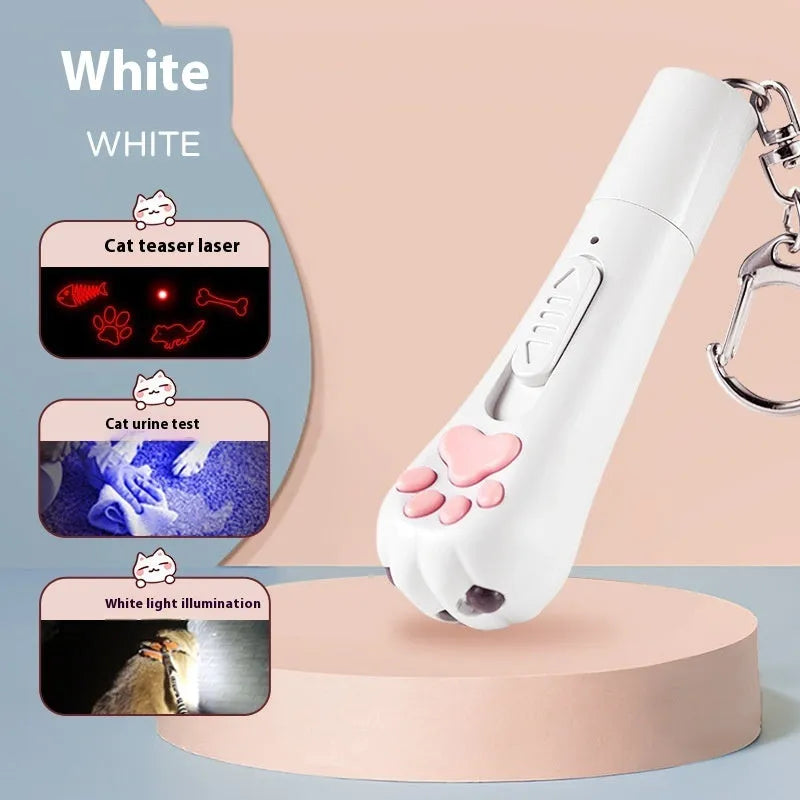 USB rechargeable cat laser pen toy in cream white, pink, and sky blue colours