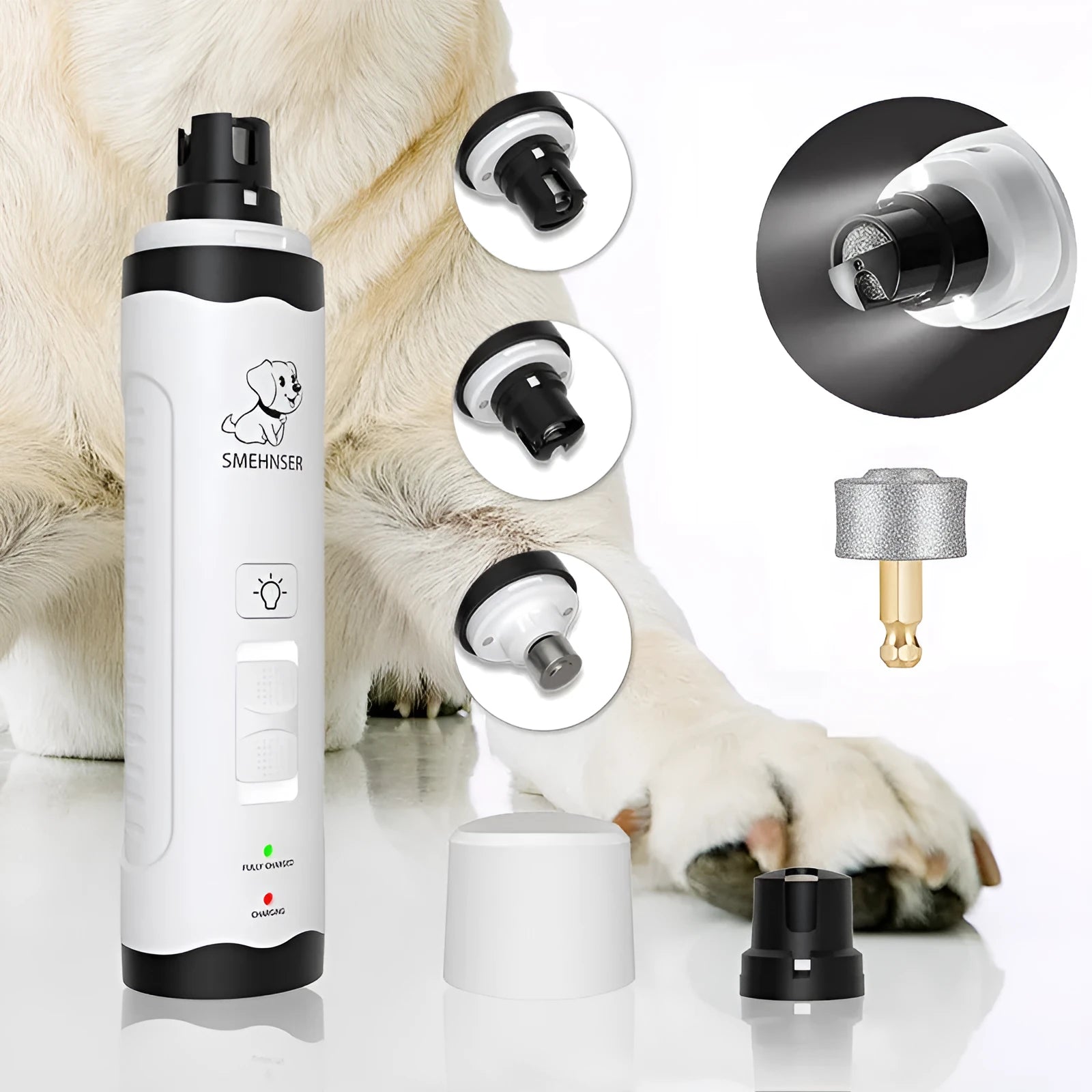 White and grey electric dog nail grinder with LED display showing speed settings and dust collection port