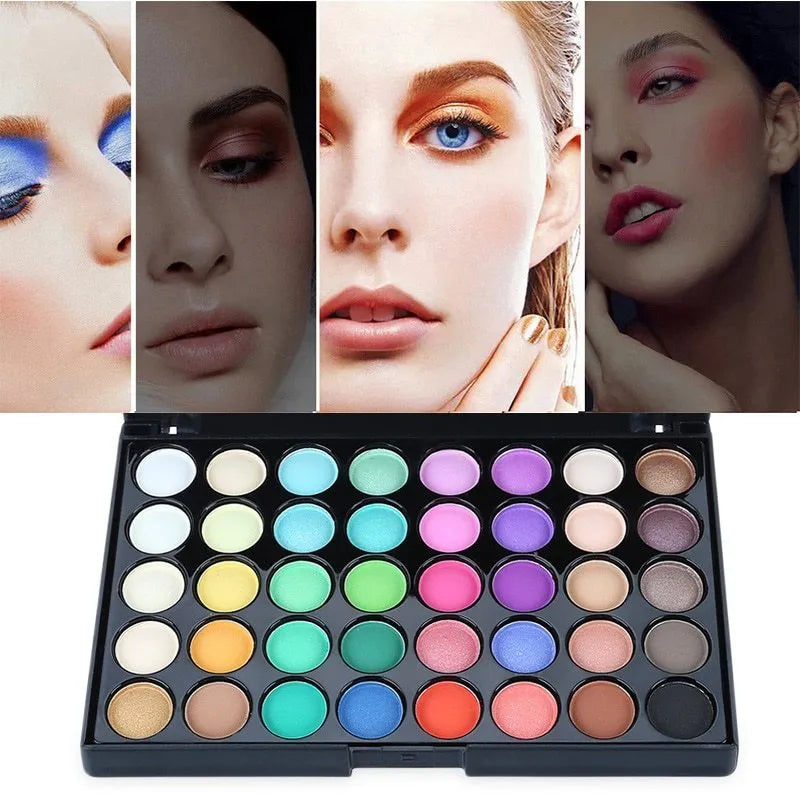 40-colour matte and glitter eyeshadow palette with a brush, showing earth tones and vibrant shades in one case