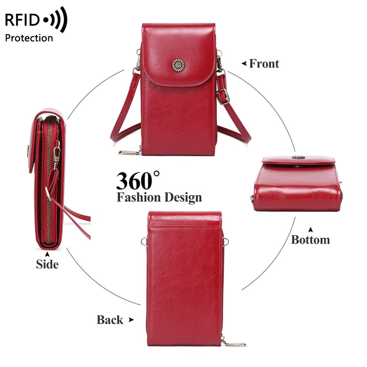 Anti-magnetic phone bag retro wax leather crossbody case with card slot in black