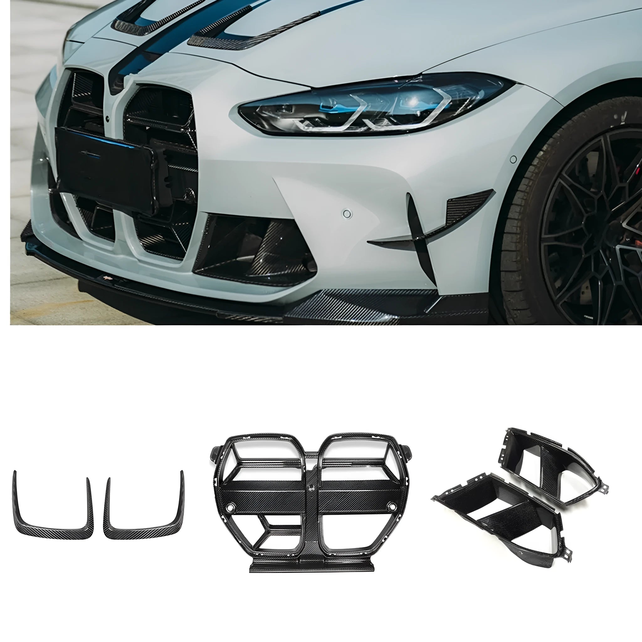 Dry carbon fibre front bumper grille with 3K weave for BMW M3 M4 G80 G82 models