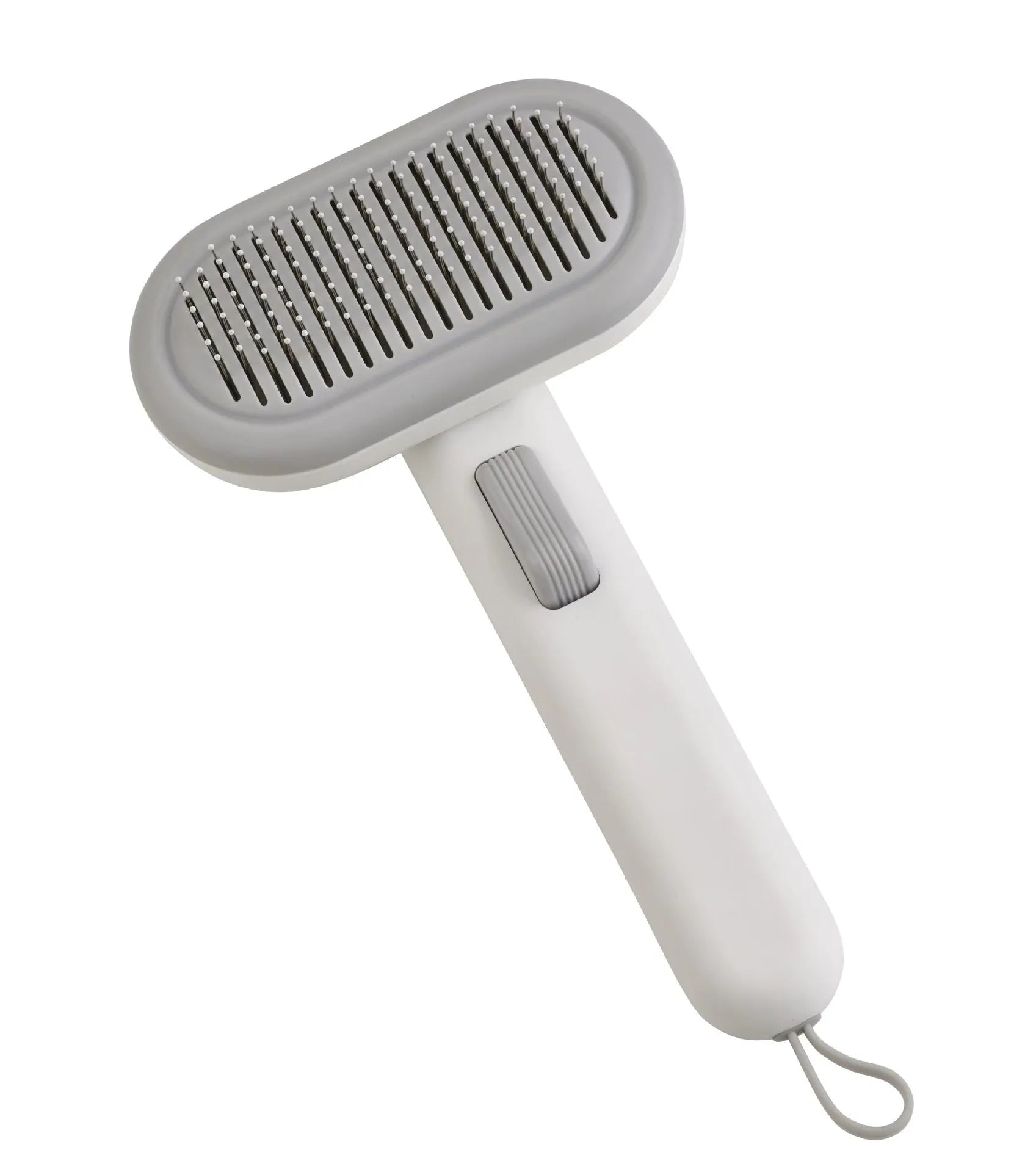 Large light grey pet hair removal comb with stainless steel blade and one-click button.