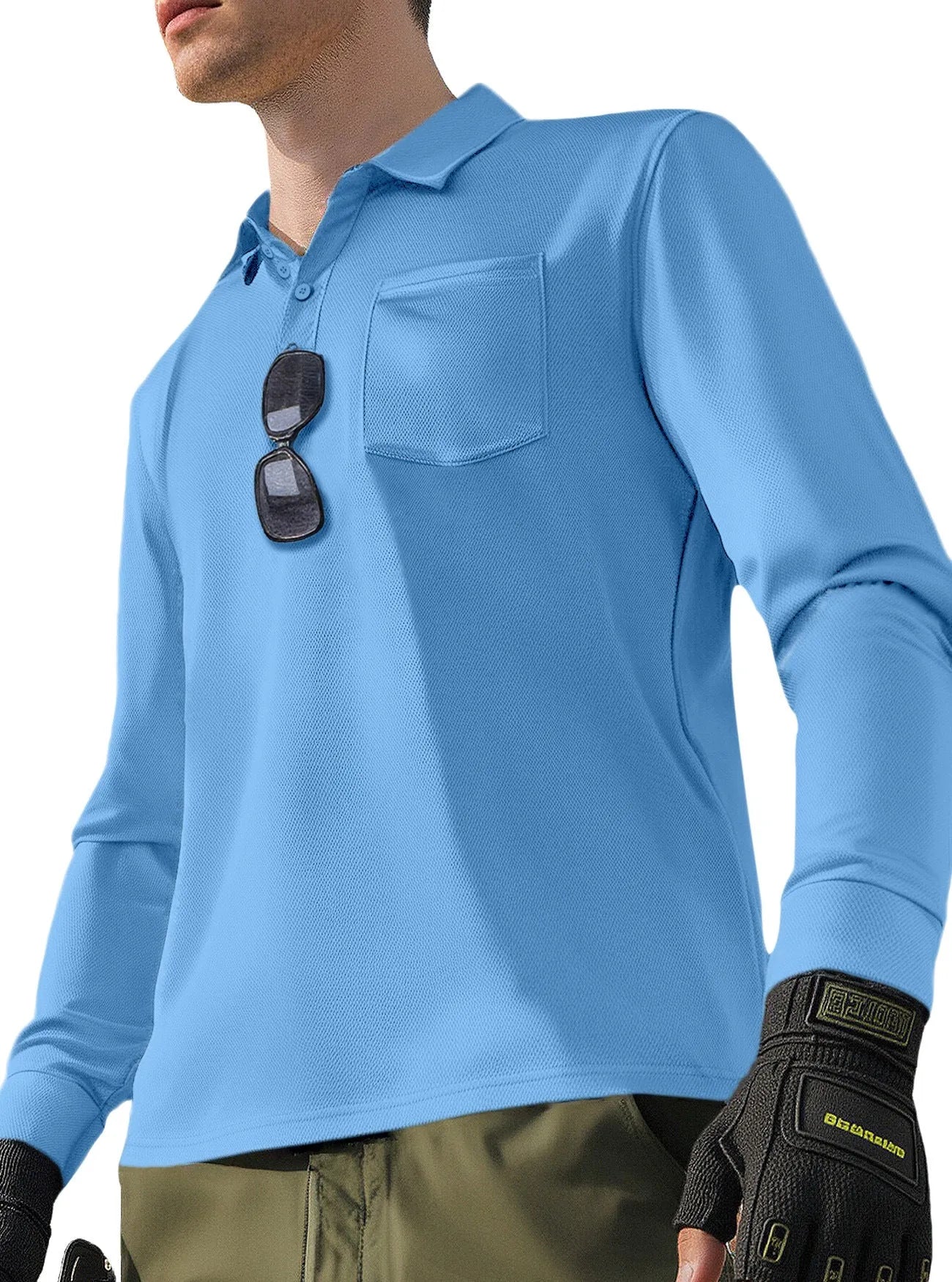 Men's solid colour quick-dry polo neck long sleeve top in polyester, loose fit, available in multiple colours