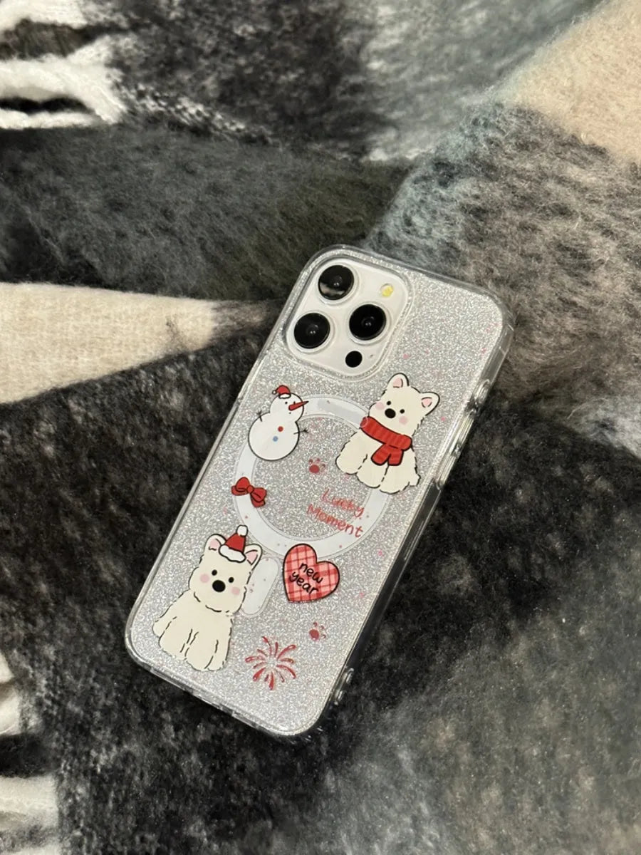 Red scarf dog cartoon silicone magnetic phone case for iPhone 15 Pro Max
