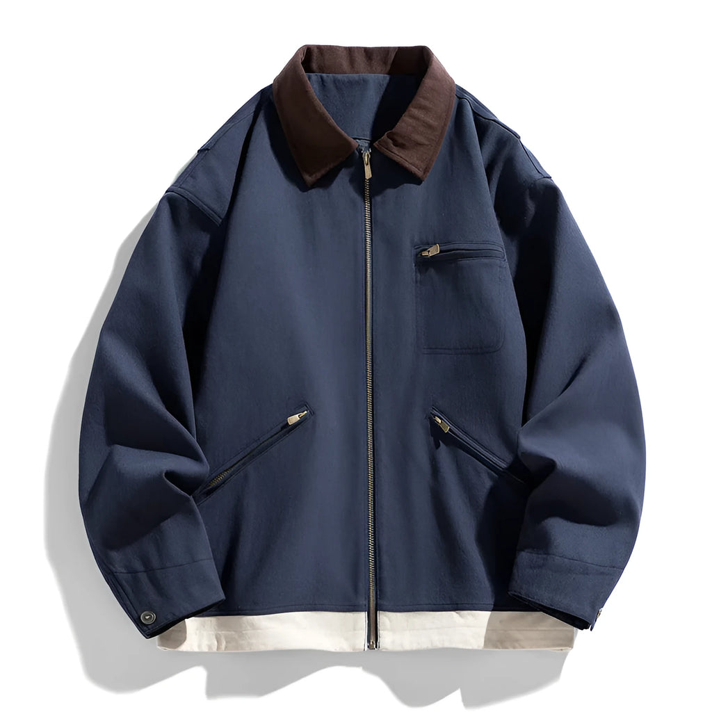 Korean style retro workwear jacket with contrast lapels in mint green, side seam pockets visible