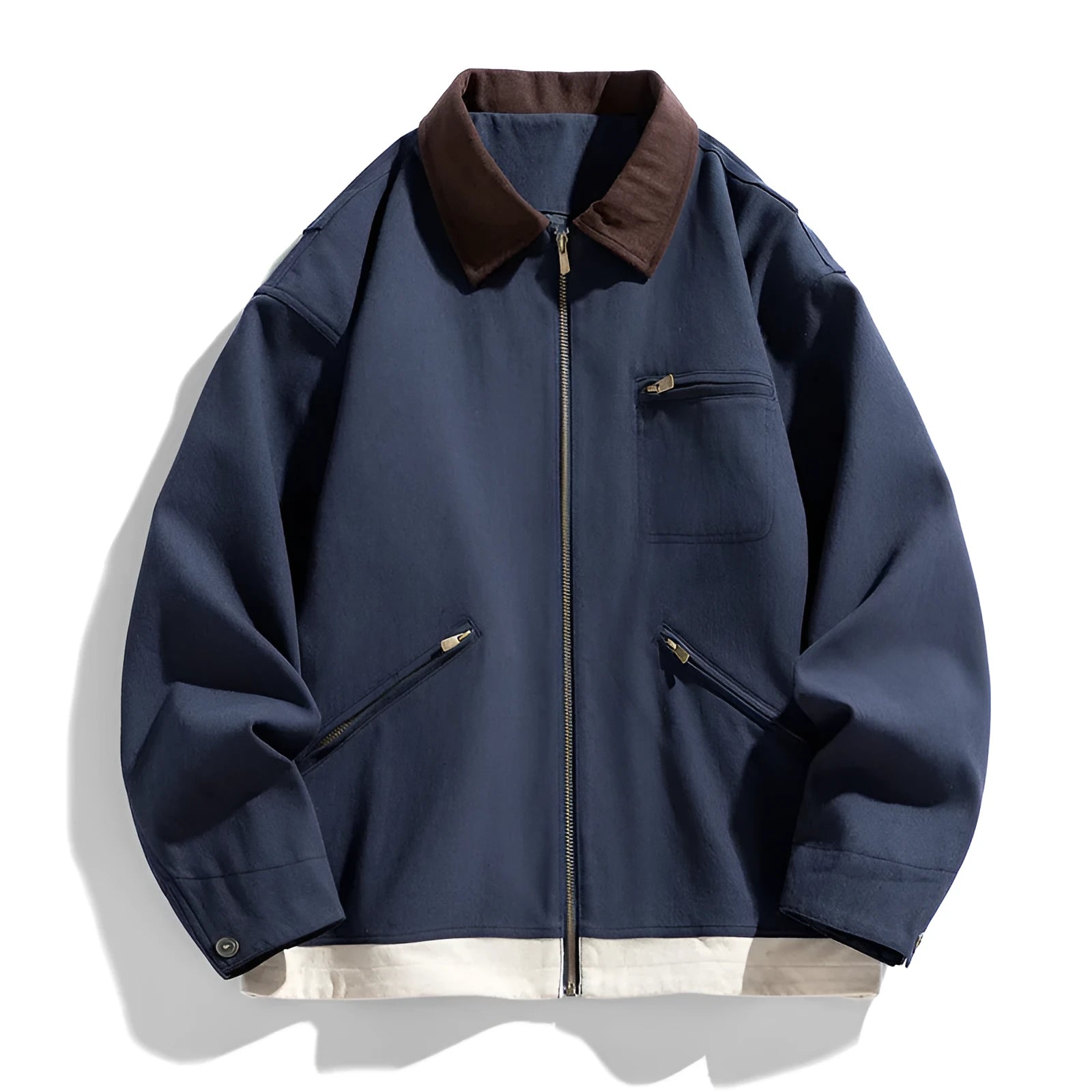 Korean style retro workwear jacket with contrast lapels in mint green, side seam pockets visible