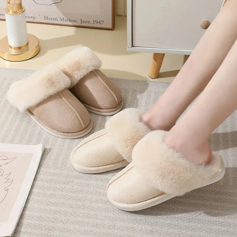 Women's round-toe plush slippers in multiple colours with a non-slip PVC sole.