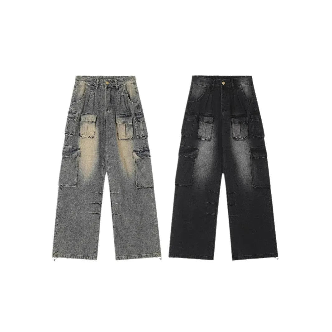 Loose-fit distressed denim jeans with multiple pockets in light blue wash, straight-leg street hipster style