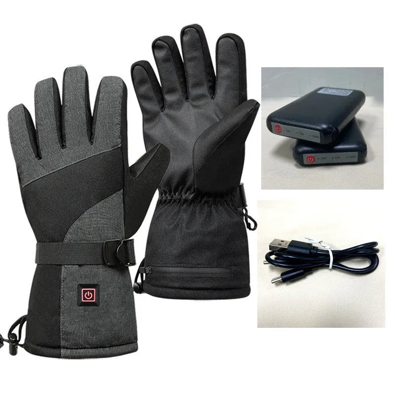 Men's and women's black nylon outdoor cycling heated gloves with batteries and charging cable