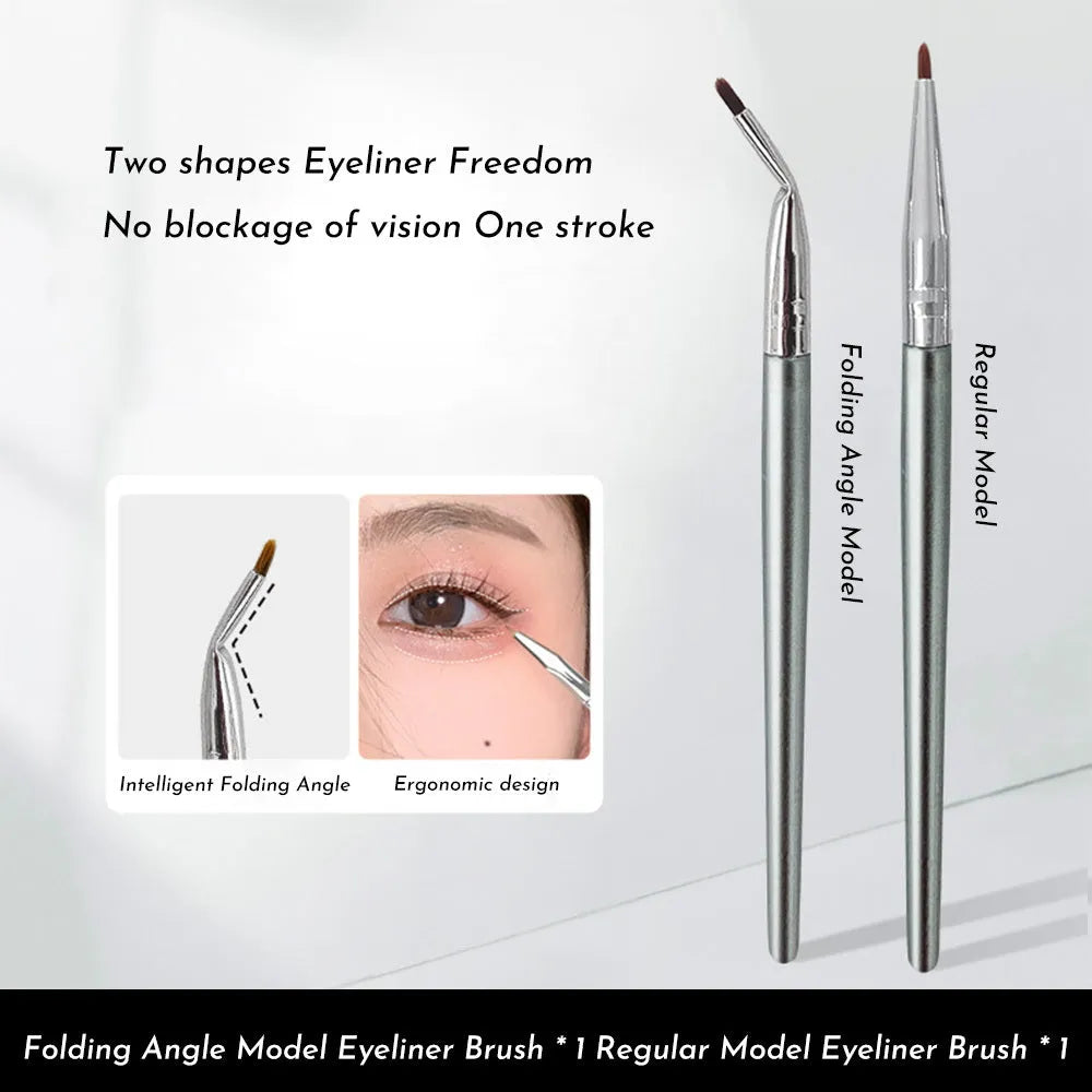 Close-up of a bent-head makeup brush with a fine, angled tip for eyeliner and detail work.