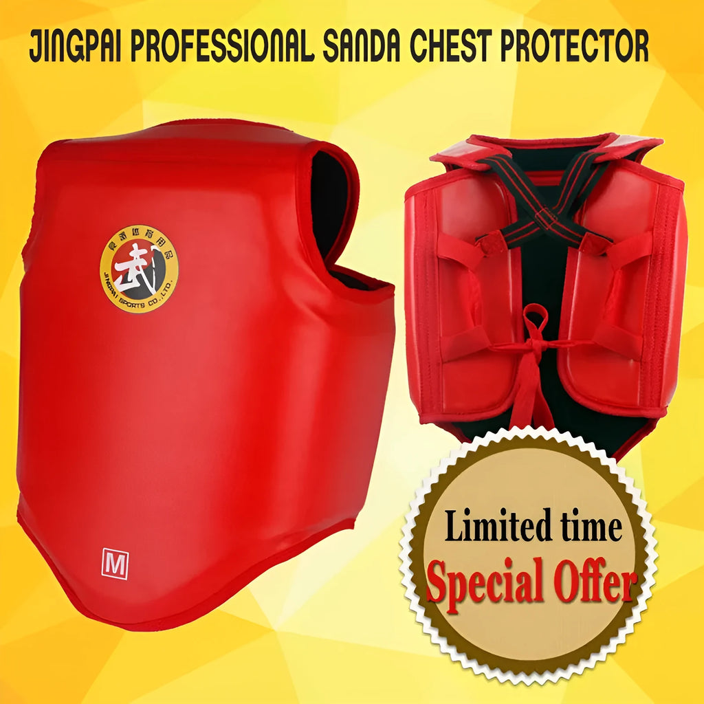 Red boxing helmet and chest protector training set on white background