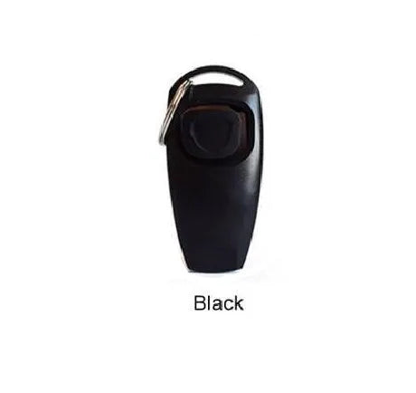 Plastic two-in-one dog training ring and whistle in black on a plain background