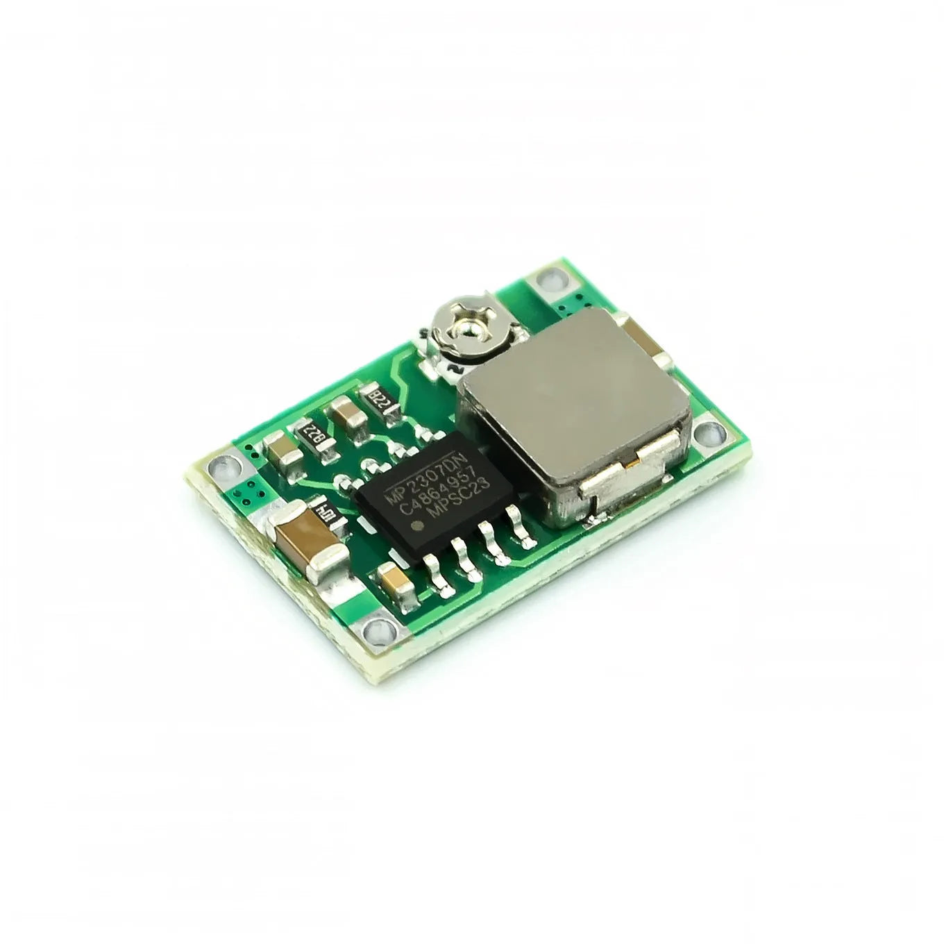 Mini-360 green DC-DC buck converter module measuring 17x11x3.8mm with adjustable voltage output