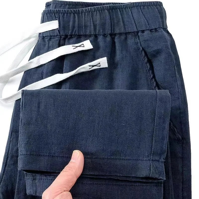 Pure linen Chinese-style straight-leg trousers with a drawstring waist in multiple colours.