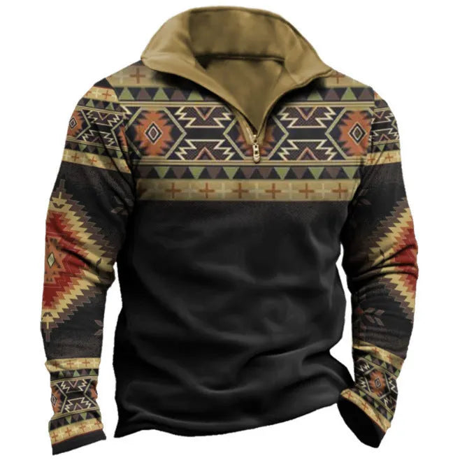 Men's loose fit long sleeve t-shirt with retro striped printing and zipper details