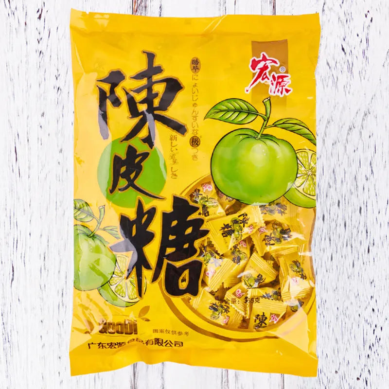 Bag of assorted hard candies: guava, plum, and tangerine peel flavours.