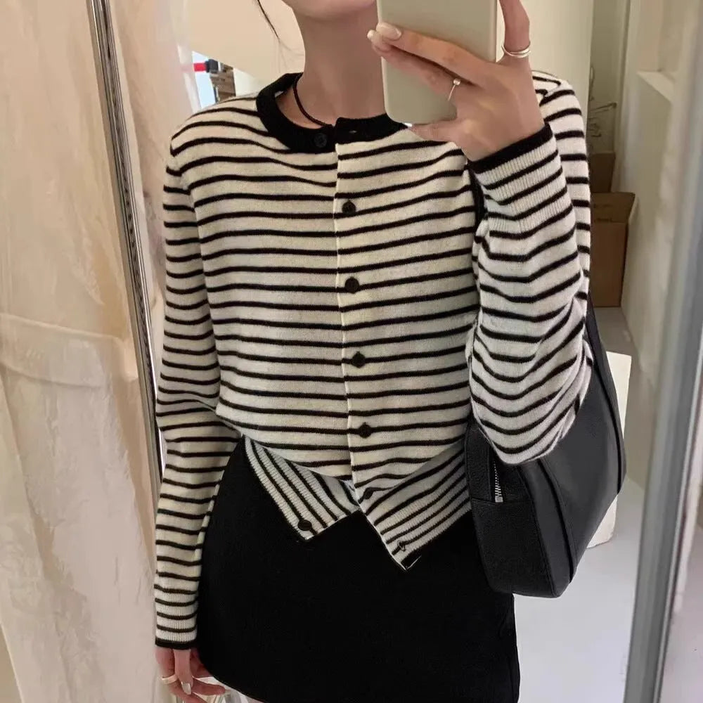 French style women's striped cardigan coat in dark grey and white, 40cm length slim fit