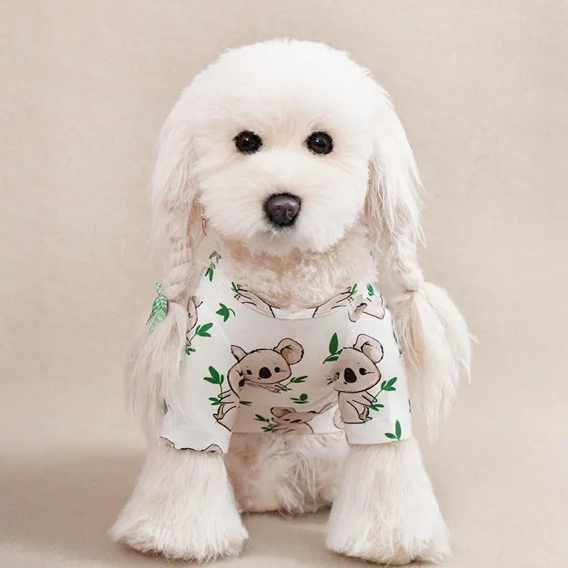 Full printed casual polyester t-shirt for small dogs, shown in multiple colour options with size chart.