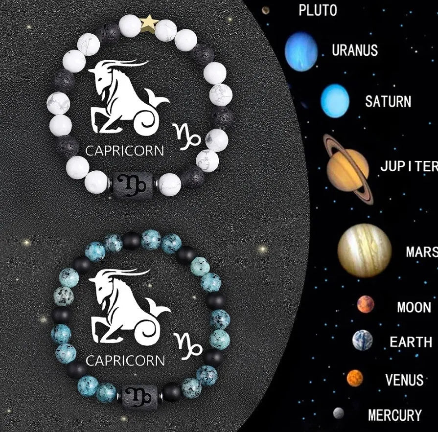 Set of two natural stone beaded bracelets showing different zodiac sign designs