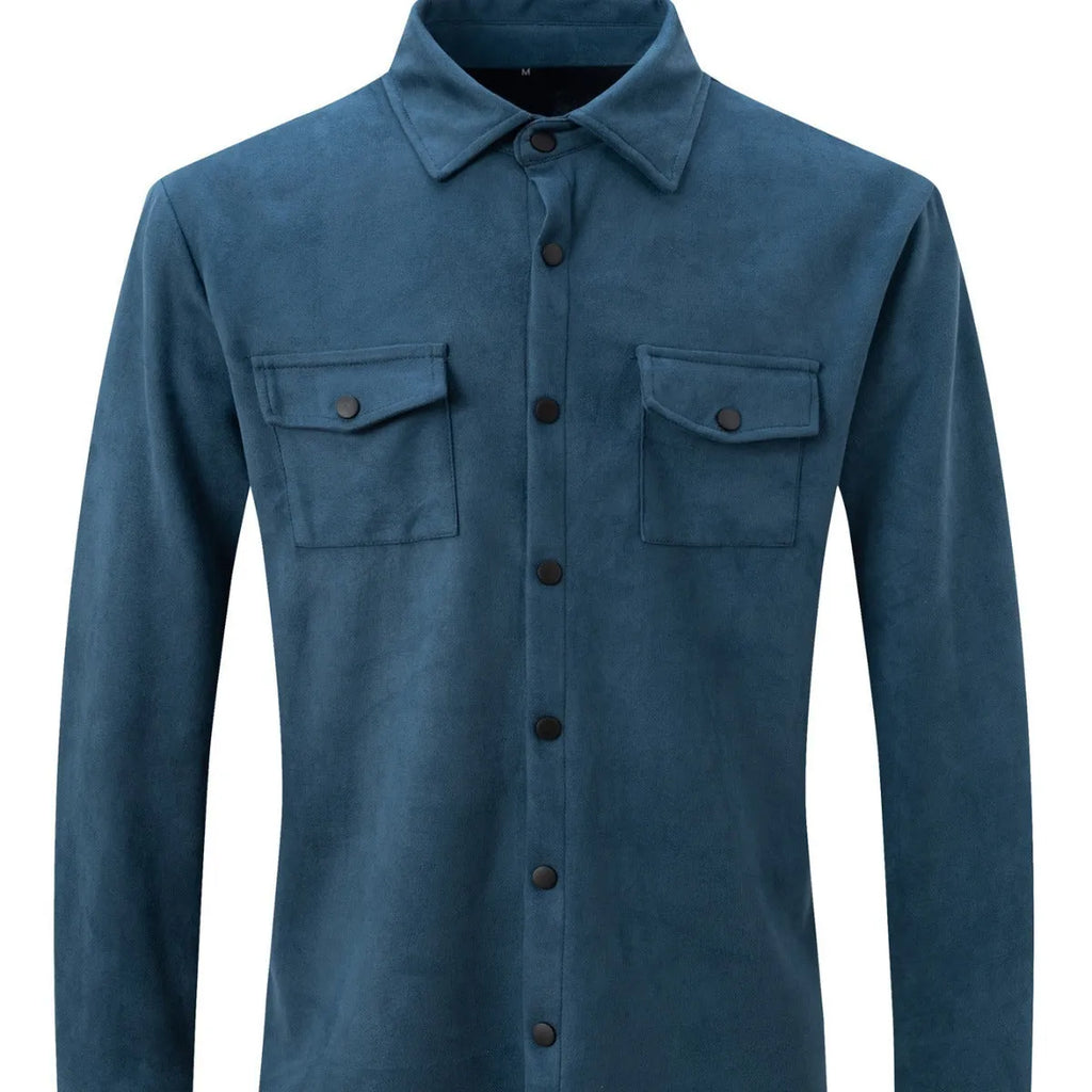 Men's turn-down collar casual jacket in solid colour with 3D patch pockets and loose fit