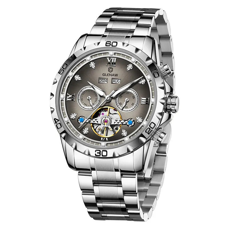 Men's automatic mechanical business watch with stainless steel strap and mineral glass face in multiple colour options
