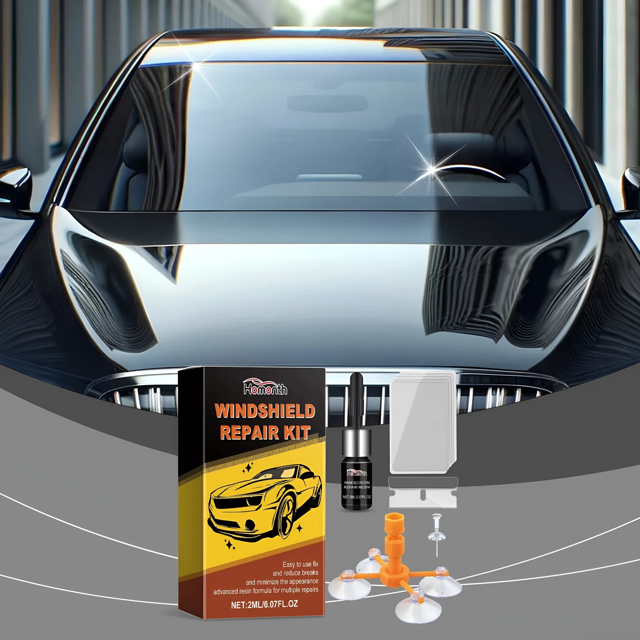 Windshield repair suit with 2ml fluid bottle, bracket, blade, five curing films, and teasing needle on a white background
