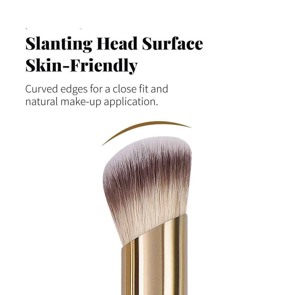MAANGE five apricot coloured makeup brushes with angled blush brush on pink surface