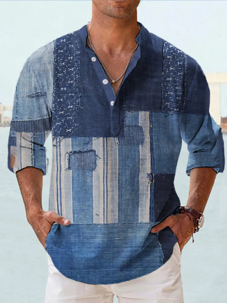 Thin striped long sleeve Hawaiian-style shirt in a digital bamboo linen pattern.