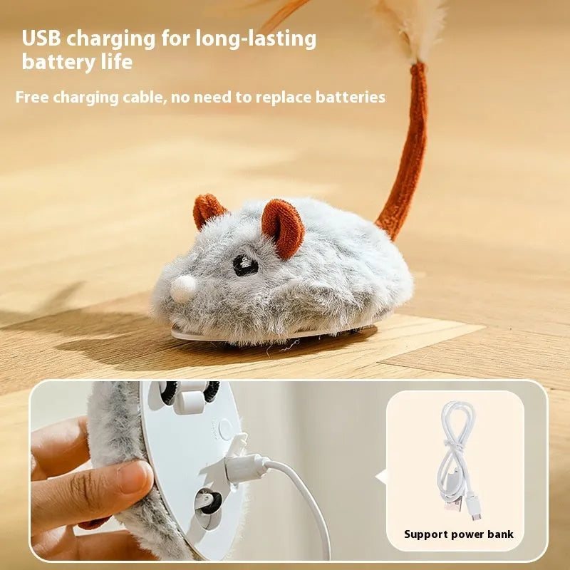 Electric cat pole toy with plush mouse in pink, gray or purple colours