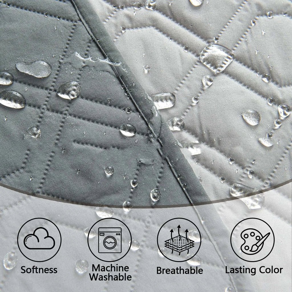 Double-sided waterproof dog sofa cushion in dark grey light grey or khaki beige, shown in various sizes on furniture.