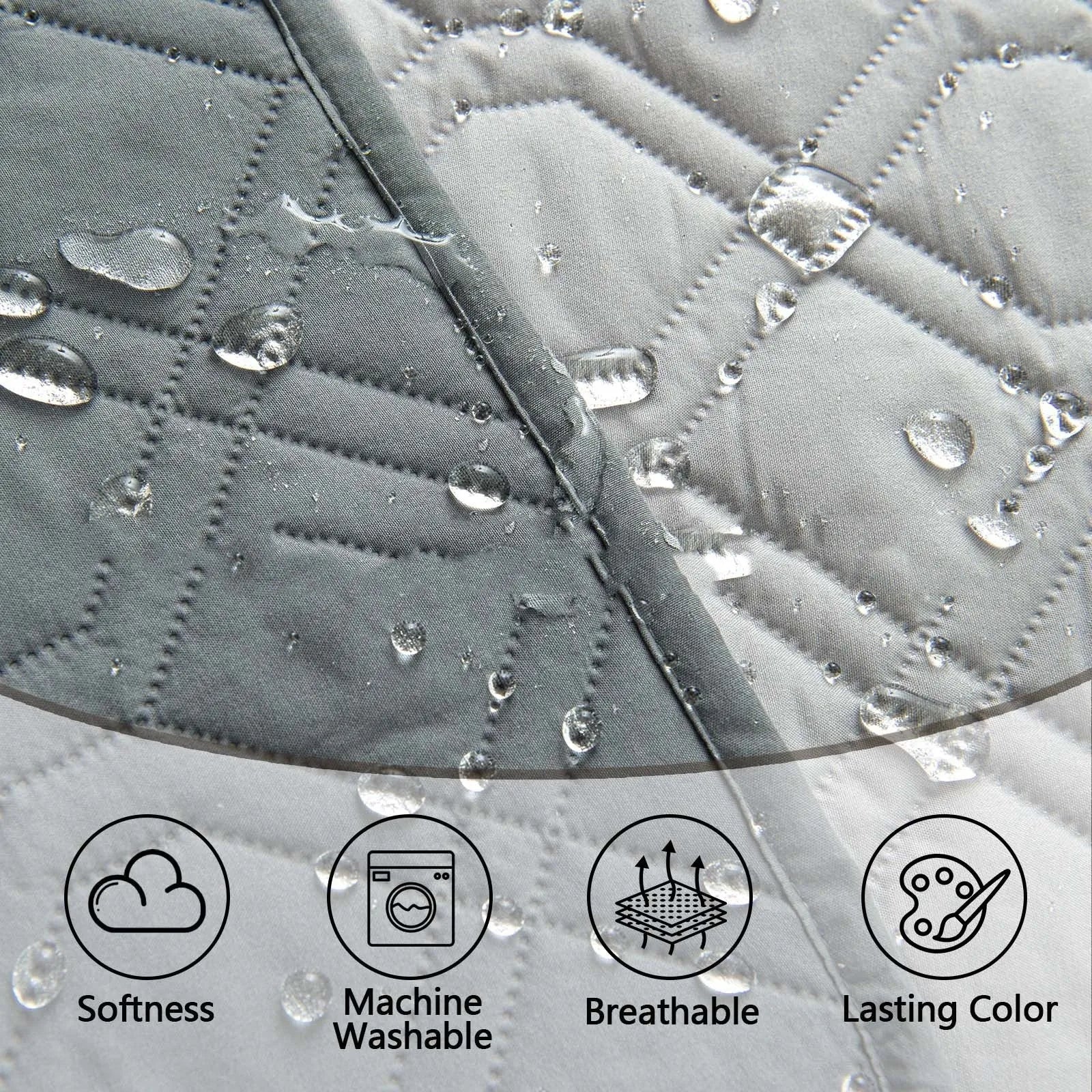 Double-sided waterproof dog sofa cushion in dark grey light grey or khaki beige, shown in various sizes on furniture.