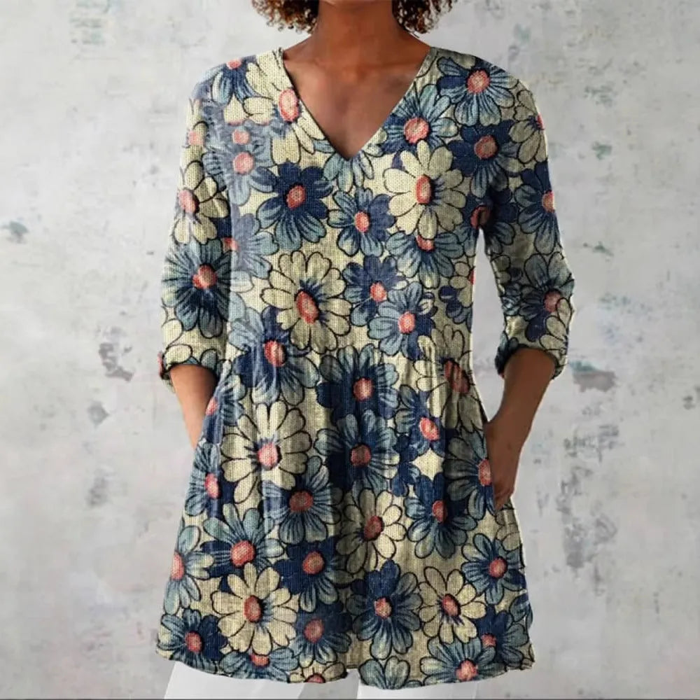 Women's retro slim fit long-sleeved polyester top with digital printing in multiple colour designs