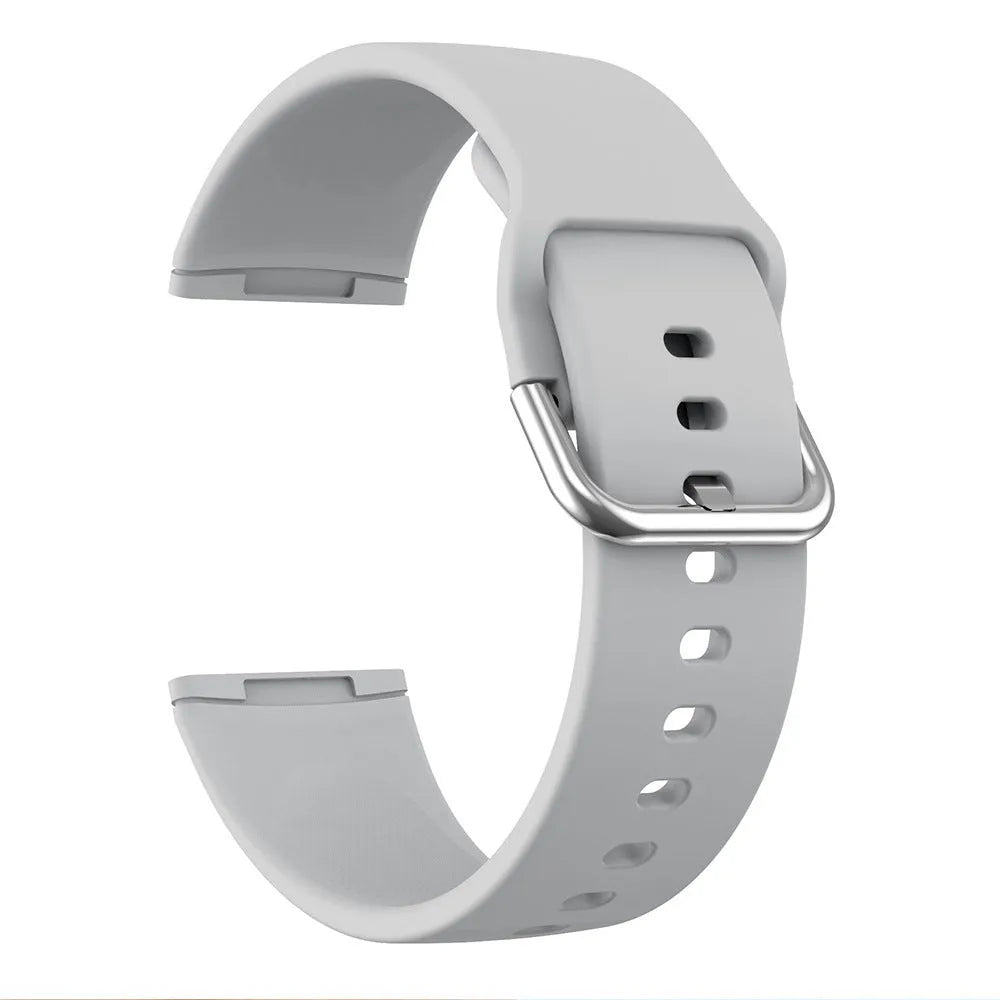 Silicone replacement strap with silver buckle for Fitbit Versa 3 and Sense 2 in multiple solid colours.