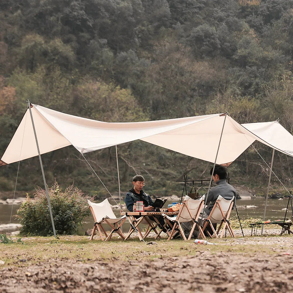 Folded and unfolded aluminium camping drying rack with hooks and side hanger.